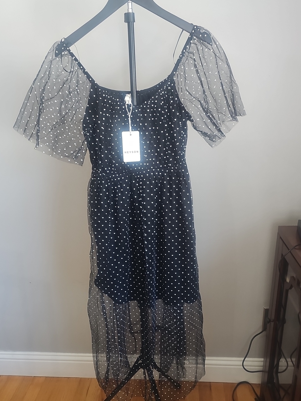 Sheer Black Polka Dot Maxi Dress with Puff Sleeves - HEYSON